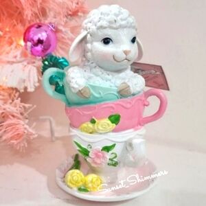 Adorable Easter Lamb In Stacked Floral Teacups & Saucer Spring Tabletop Decor